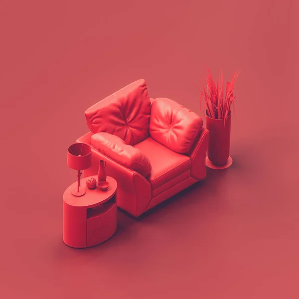 Izometryczny Fotel Czerwonym Pokoju Monochromatyczny Jednokolorowy Fotel Salonie Rośliną Lampą — Zdjęcie stockowe