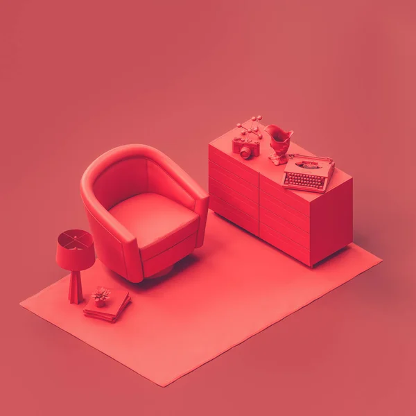 Изометрическое Кресло Красной Комнате Одноцветное Кресло Красного Цвета Гостиной Растением Стоковое Изображение