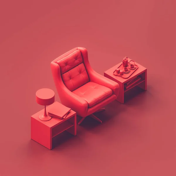 Изометрическое Кресло Красной Комнате Одноцветное Кресло Красного Цвета Гостиной Растением Стоковое Фото