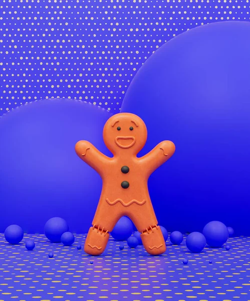 Orange cookie doll toy in purple background, kids playground object, 3d Rendering, nobody