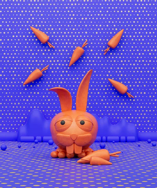 Orange character toy in purple background, kids playground object, 3d Rendering, nobody