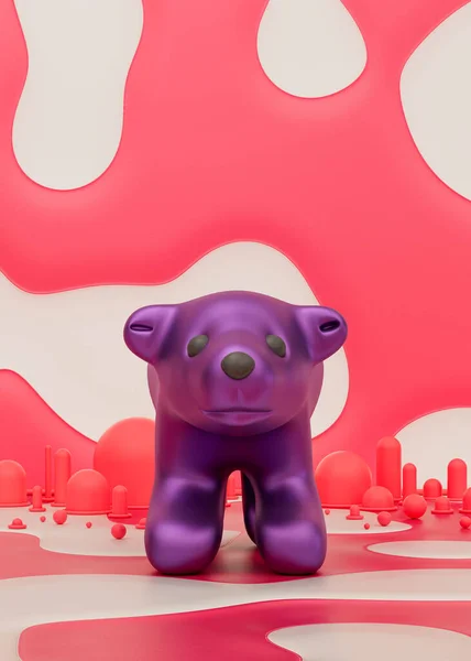 Purple stuffed teddy bear toy in pink room for preschool kids, 3d Rendering, nobody
