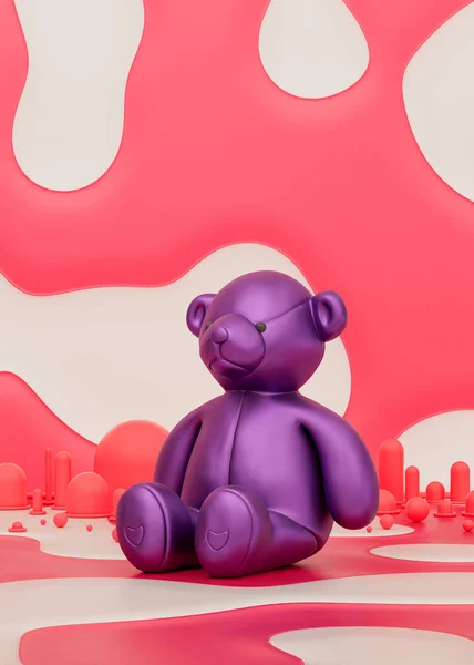 Purple stuffed teddy bear toy in pink room for preschool kids, 3d Rendering