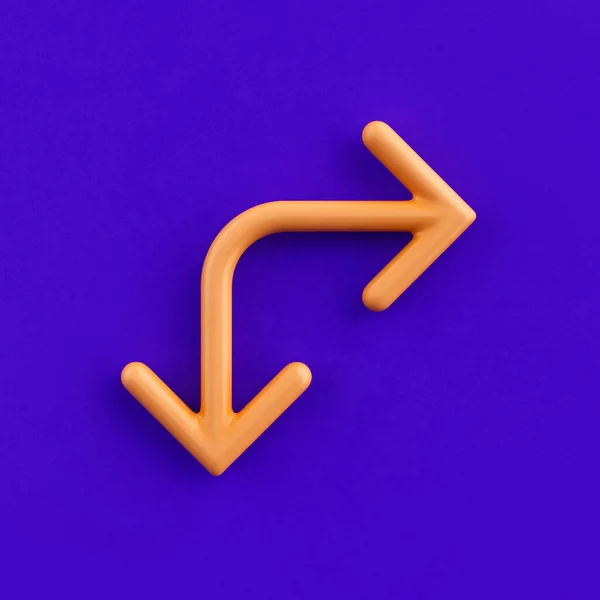 3d icon r down right arrows, outline yellow arrow icon, direction symbol, 3d rendering, wire icon