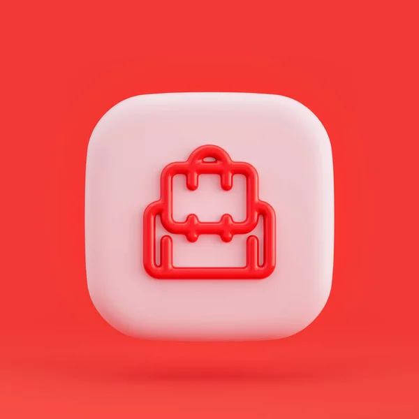 Clothing icon, backpack 3d icon button in red background, 3d rendering, outline icon