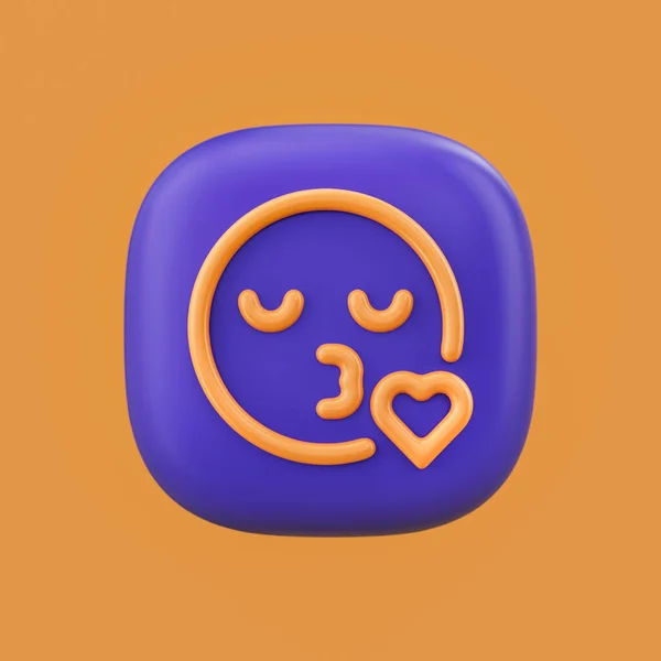 Emotion icon, kiss 3D icon on a rounded button shape, outline emoji, 3d rendering, simple outline icon