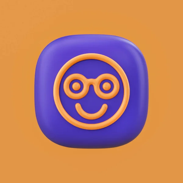 Emotion icon, smiling nerd with glasses 3D icon on a rounded button shape, outline emoji, 3d rendering, simple outline icon
