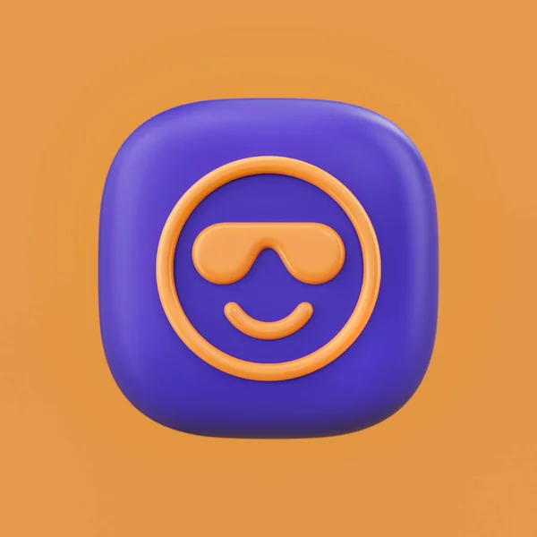 Emotion icon, smiling face sunglasses  3D icon on a rounded button shape, outline emoji, 3d rendering, simple outline icon