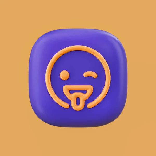 Emotion icon, wink   3D icon on a rounded button shape, outline emoji, 3d rendering, simple outline icon