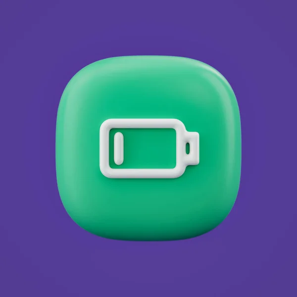 Environment icon, battery low 3d icon on a green button, white outline energy icon, 3d rendering, simple outline icon
