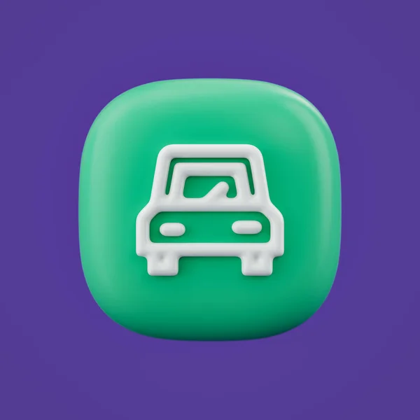 Environment icon, car 3d icon on a green button, white outline energy icon, 3d rendering, simple outline icon