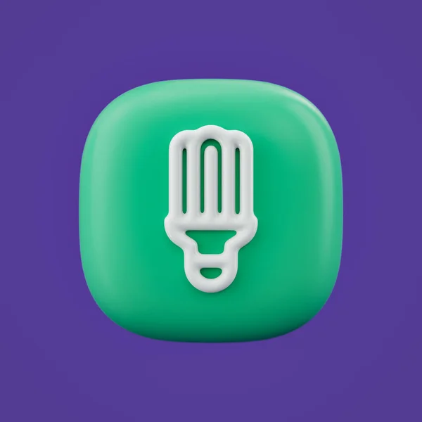 Environment icon, saver bulb 3d icon on a green button, white outline energy icon, 3d rendering, simple outline icon