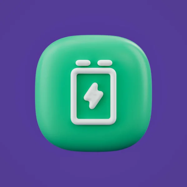 Environment icon, battery 3d icon on a green button, white outline energy icon, 3d rendering, simple outline icon