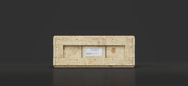 Isolated military wooden crate for ammunition and military arsenal, front view cargo box, 3d rendering, nobody