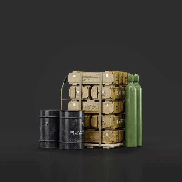 Military arsenal pile with fuel barrels and ammunition boxes, 3d rendering, nobody