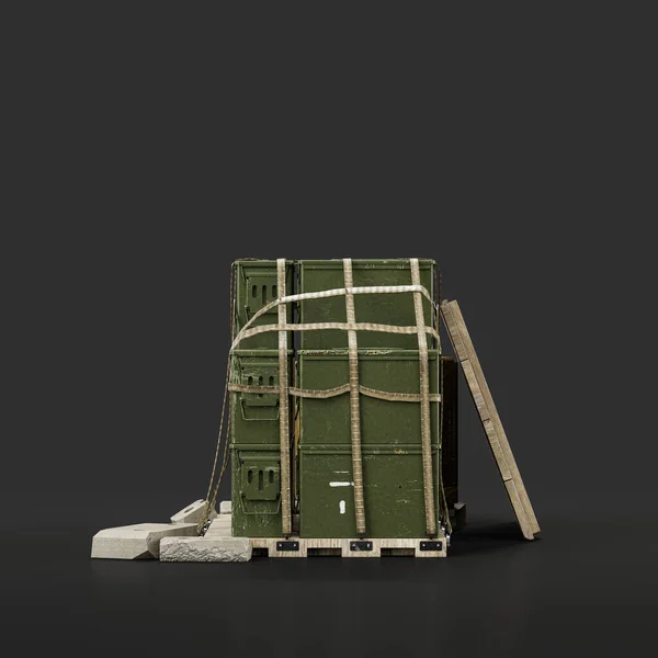 Military air cargo pile with cargo containers and ammunition boxes, 3d rendering, nobody