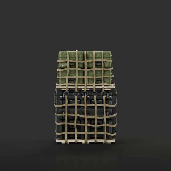 Military air cargo pile with cargo containers and ammunition boxes, 3d rendering, nobody