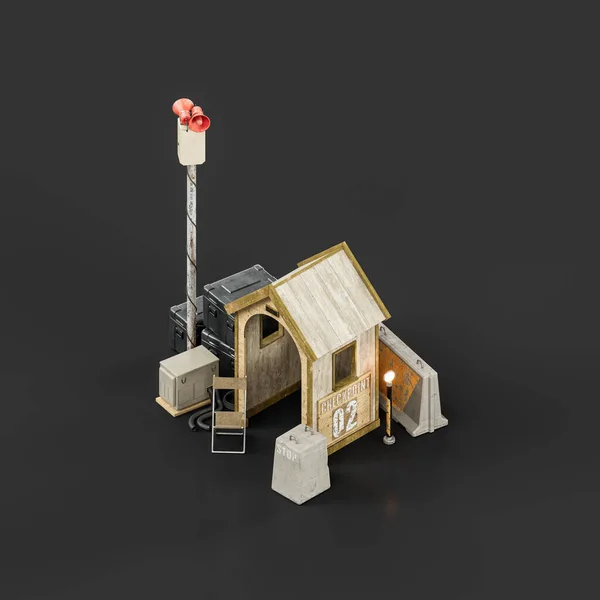 Isometric view Military sentry cabin, sentry soldier hut, whatcher cabin with alarm mast,3d rendering, nobody