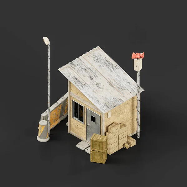 Isometric view Military sentry cabin, sentry soldier hut, whatcher cabin with alarm mast,3d rendering, nobody