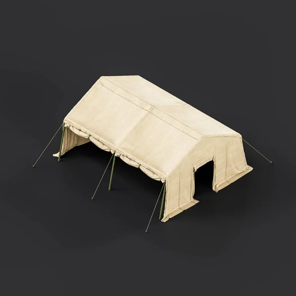 Isometric view Military tent and shelter, campsite for soldiers. Humanitarian aid tent for disaster management after tragic event, 3d rendering, nobody