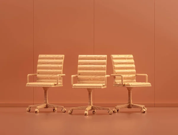 Wooden office chairs with in single color interior room, 3d Rendering, no people