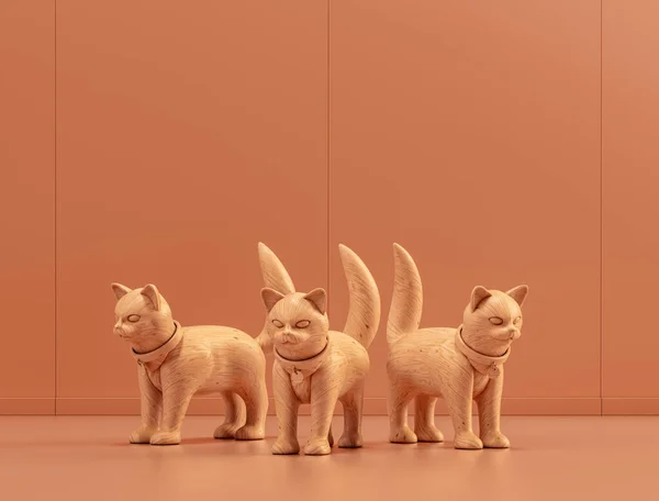 Wooden group of cat figurines in monochrome room, 3d Rendering, nobody