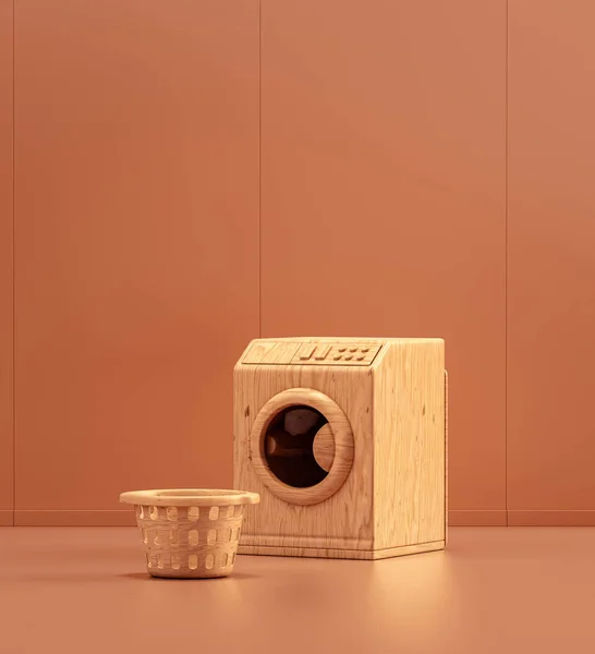Wooden washing machine and laundry basket single color 3d Icon, 3d Rendering, nobody