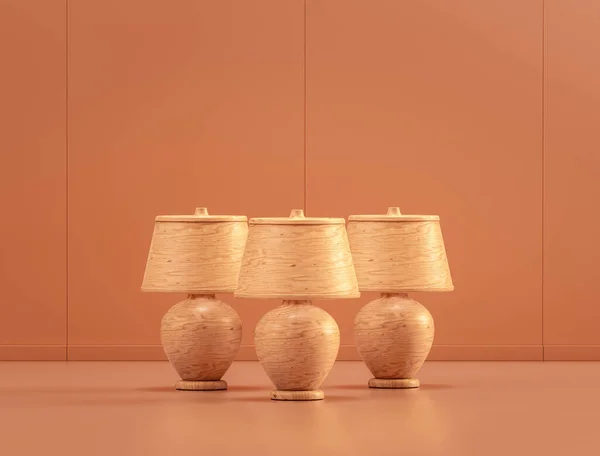 Wooden table lamps in single color interior room, 3d Rendering, no people