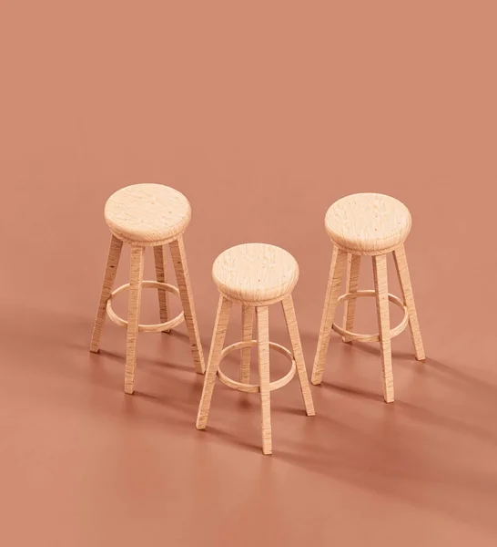 Isometric wooden tall stool in monochrome interior. Houshold object, 3d rendering, nobody