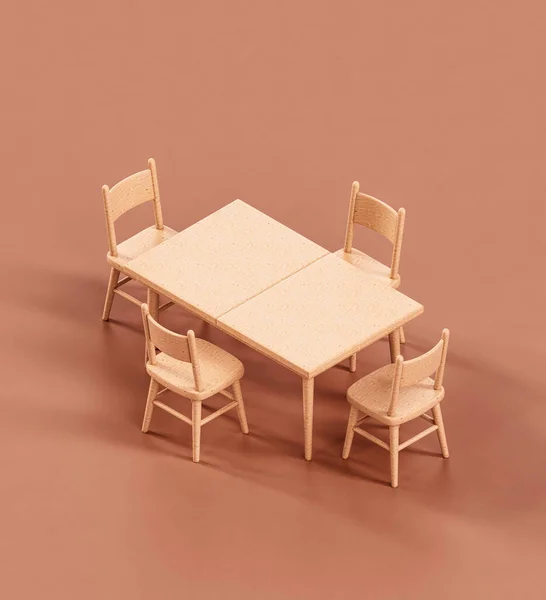 Isometric wooden dinning table in flat background3d rendering, nobody