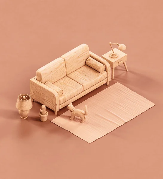 Isometric wooden miniature interior room with single sofa on monochrome light brown floor3d rendering, nobody