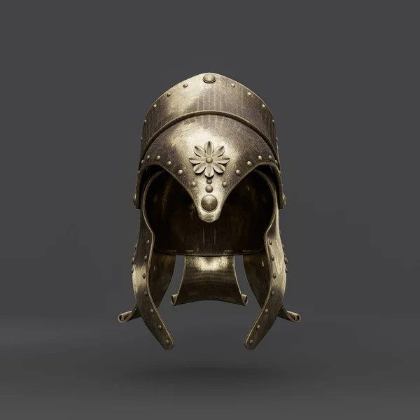 Old brass medieval knight helmet. From front view ancient warrior armor crash helmet, 3d rendering, isolated.