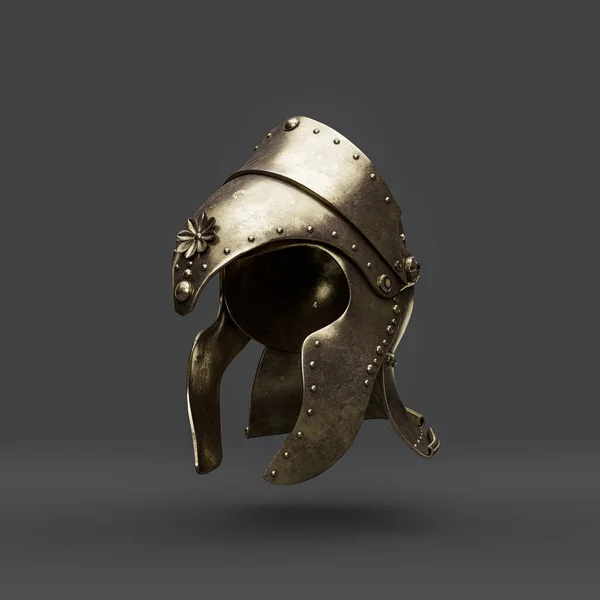 Old brass medieval knight helmet. From side view ancient warrior armor crash helmet, 3d rendering, isolated.