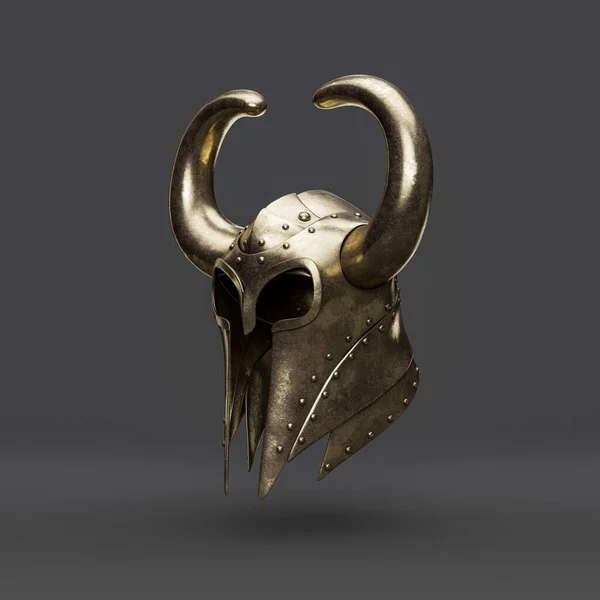 Old brass medieval knight helmet. From side view ancient warrior armor crash helmet, 3d rendering, isolated.