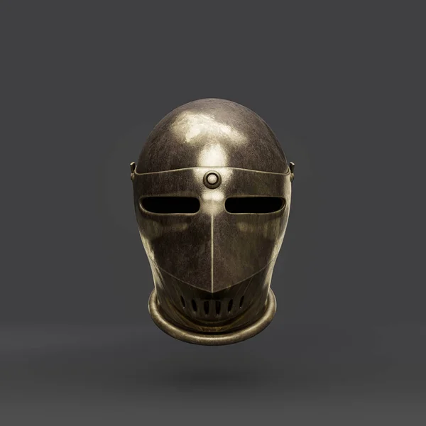 Old brass medieval knight helmet. From front view ancient warrior armor crash helmet, 3d rendering, isolated.