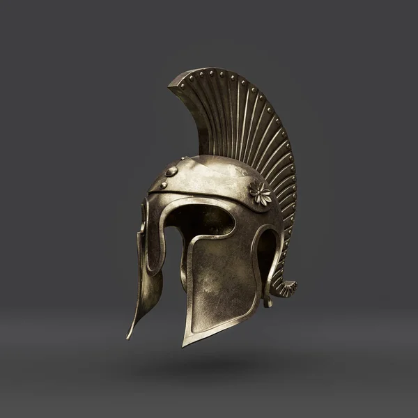 Old brass medieval knight helmet. From side view ancient warrior armor crash helmet, 3d rendering, isolated.