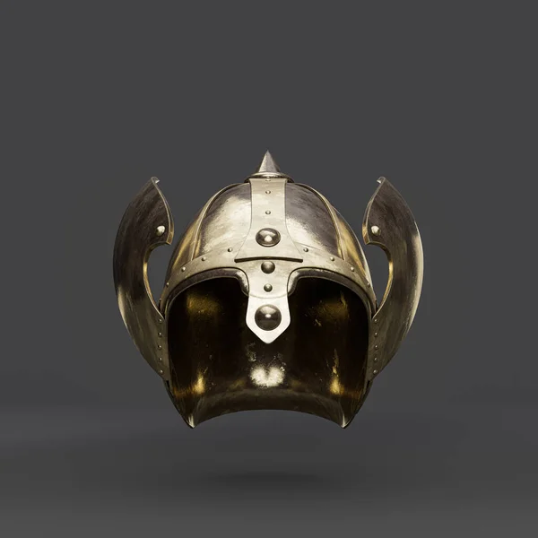 Old brass medieval knight helmet. From front view ancient warrior armor crash helmet, 3d rendering, isolated.