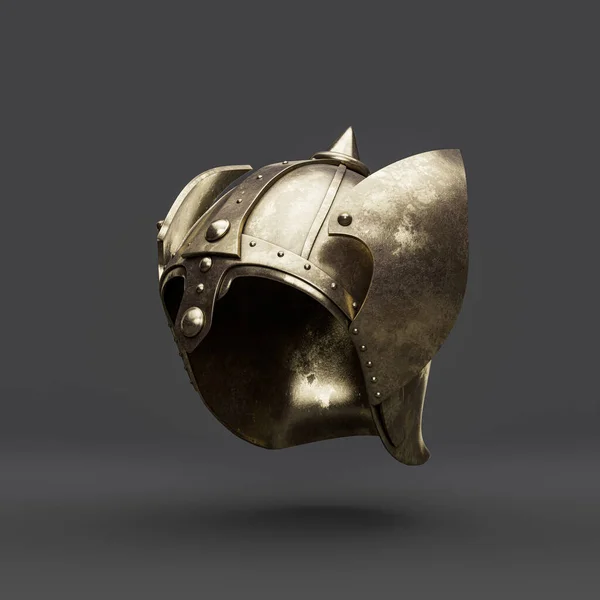 Old brass medieval knight helmet. From side view ancient warrior armor crash helmet, 3d rendering, isolated.