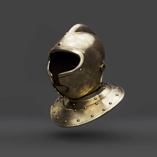 Old brass medieval knight helmet. From side view ancient warrior armor crash helmet, 3d rendering, isolated.