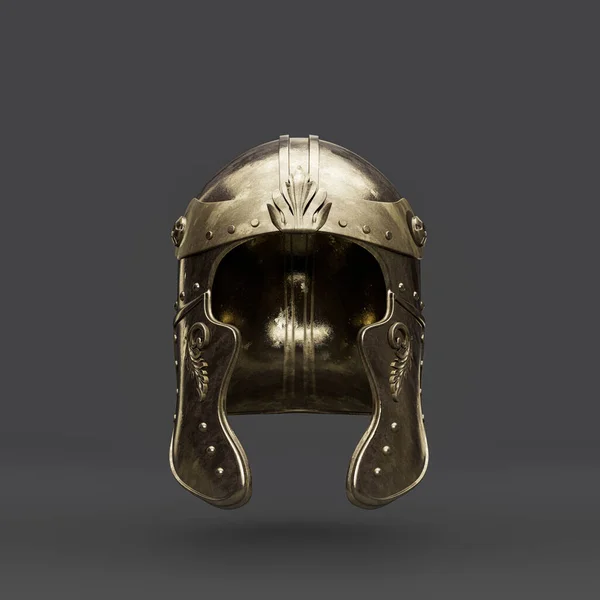 Old brass medieval knight helmet. From front view ancient warrior armor crash helmet, 3d rendering, isolated.