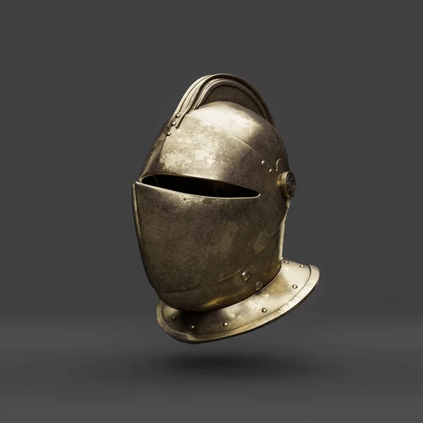 Old brass medieval knight helmet. From side view ancient warrior armor crash helmet, 3d rendering, isolated.