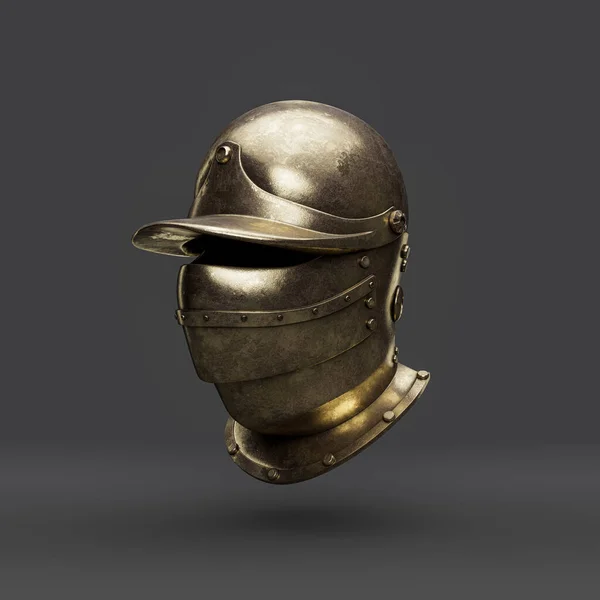 Old brass medieval knight helmet. From side view ancient warrior armor crash helmet, 3d rendering, isolated.