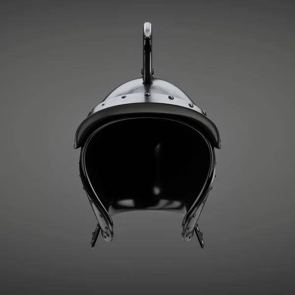 Monochrome dark helmet. Single color black warrior helm. Dark historicalface mask. 3d rendering. Front view projection.