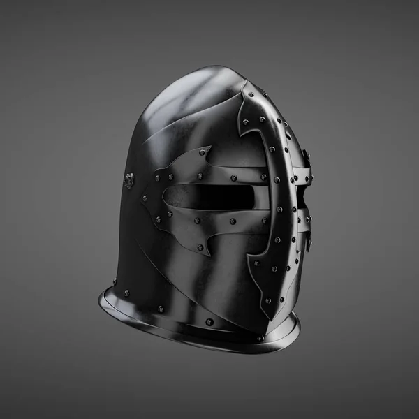 Ancient historical dark metallic soldier helmet. Black single color monochrome warrior helmet. 3d rendering. Side view projection.