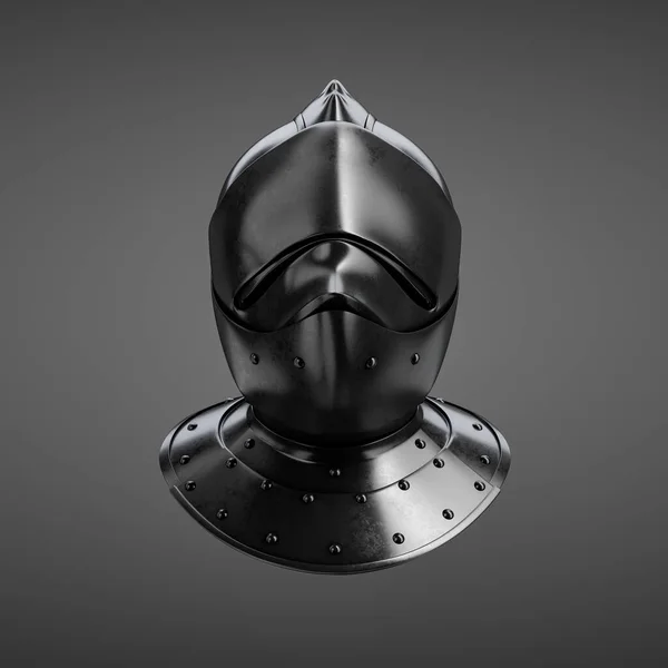 Ancient historical dark metallic soldier helmet. Black single color monochrome warrior helmet. 3d rendering. Front view projection.