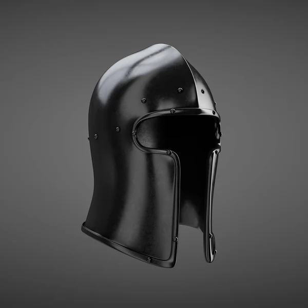 Ancient historical dark metallic soldier helmet. Black single color monochrome warrior helmet. 3d rendering. Side view projection.