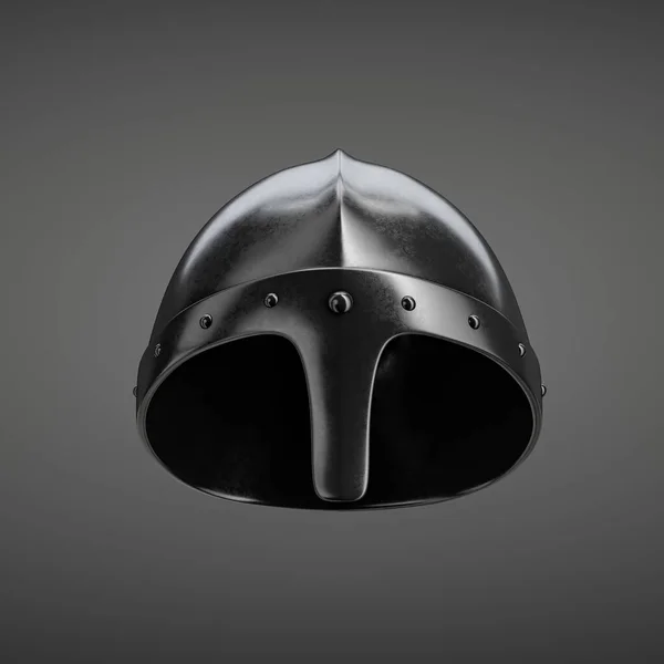 Ancient historical dark metallic soldier helmet. Black single color monochrome warrior helmet. 3d rendering. Front view projection.