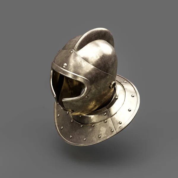 Old metallic ancient soldier helmet. Realistic used warrior shield helm. 3d rendering, nobody. Isometric view.