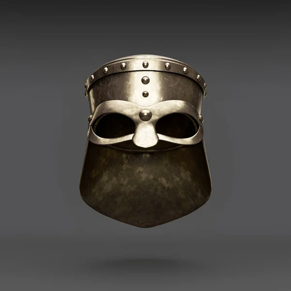 Metallic medieval knight helmet. Front view  crash helmet. Ancient warrior armor, 3d rendering, nobody