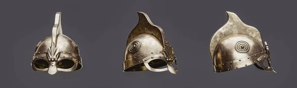 Three warrior helmets from 3 view angles, Old brass metal helm, 3d rendering, nobody